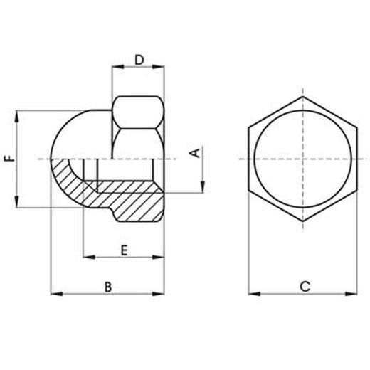 Sechskant-Hutmutter nach DIN 1587, aus Edelstahl A2 und metrischem Gewinde.